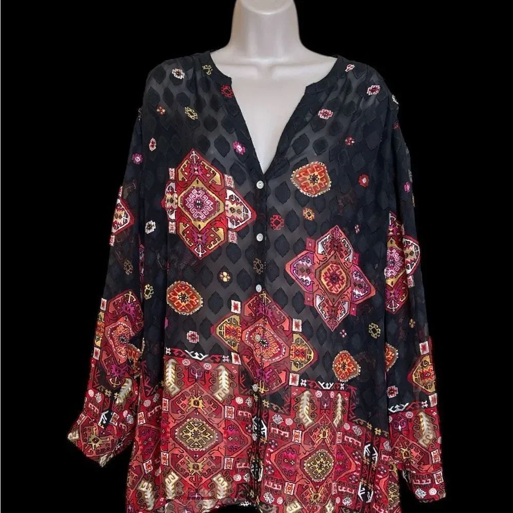 Ruby Rd. Black and Orange size 18W Long Sleeve Blouse with Mandarin Collar